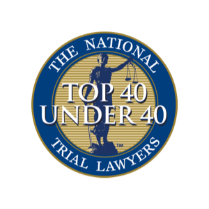 top 40 under 40 trial lawyers badge with blue outline, blue justice figure, and gold inside