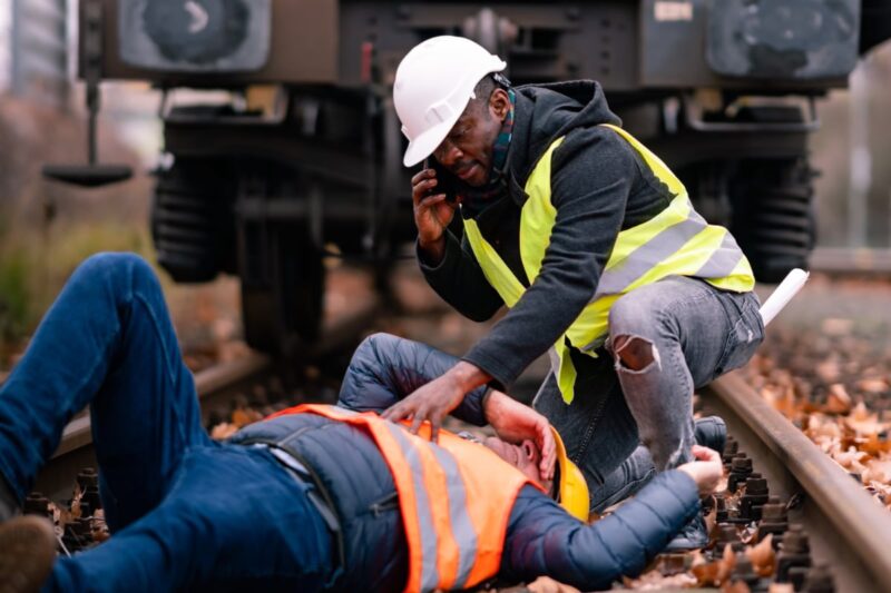 construction worker on phone while kneeling over coworker lying on train tracks