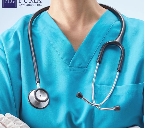 A person in blue medical scrubs with a stethoscope around their neck; Puma Law Group P.C. logo is in the corner.